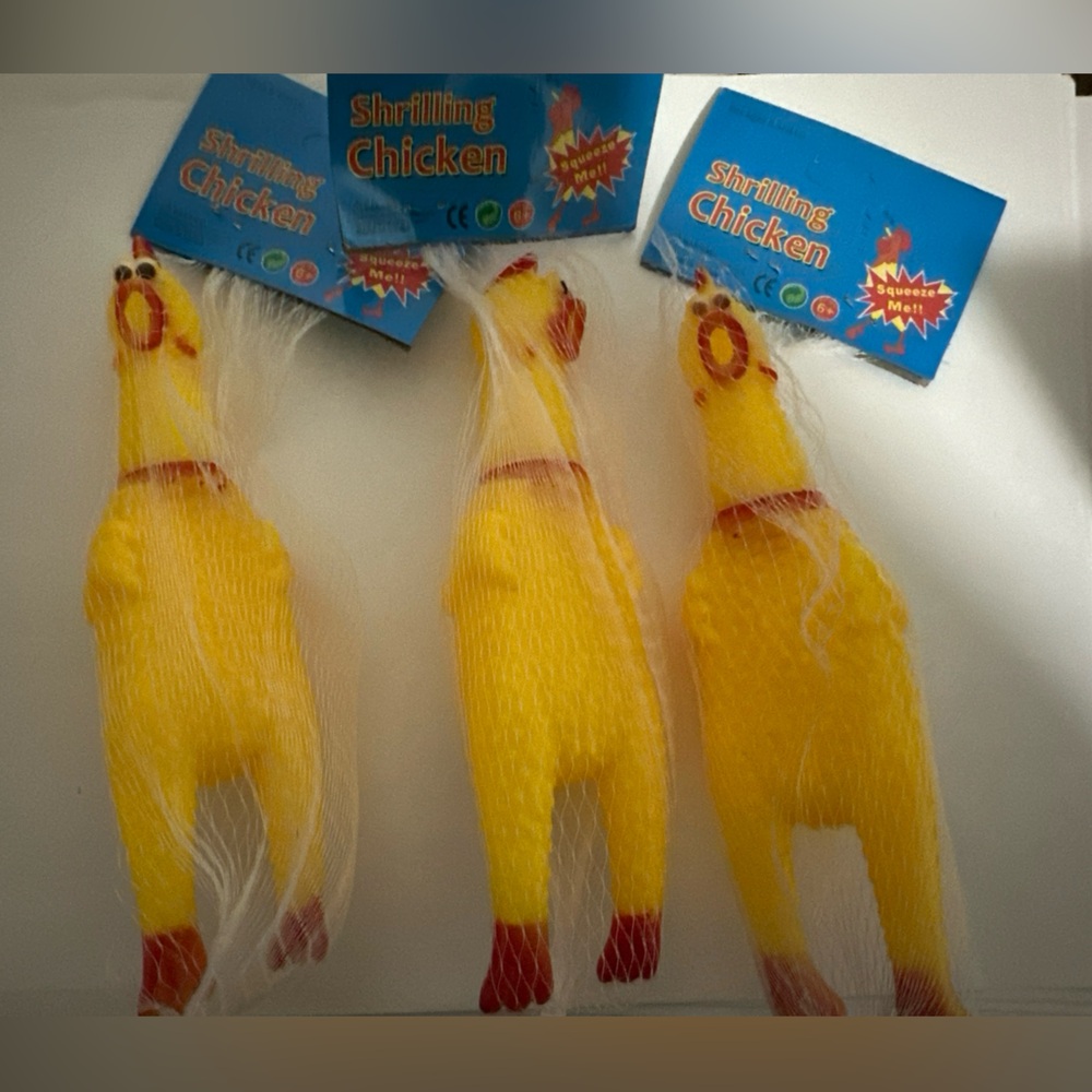 3 pack Shreaking shrill chicken small dog toy and fun for kids too.